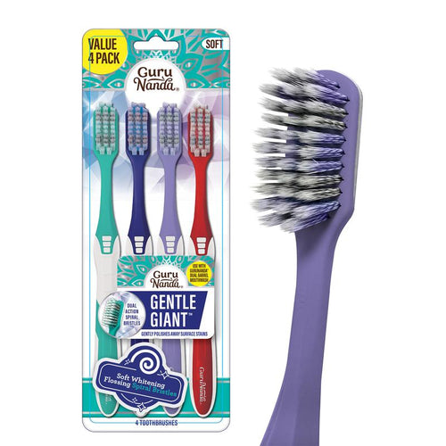Gurunanda Gentle Giant Toothbrush with Dual Action Flossing Spiral Bristles - Ergo Dexa Grip - Helps in Teeth Whitening, BPA Free, (4 Count)